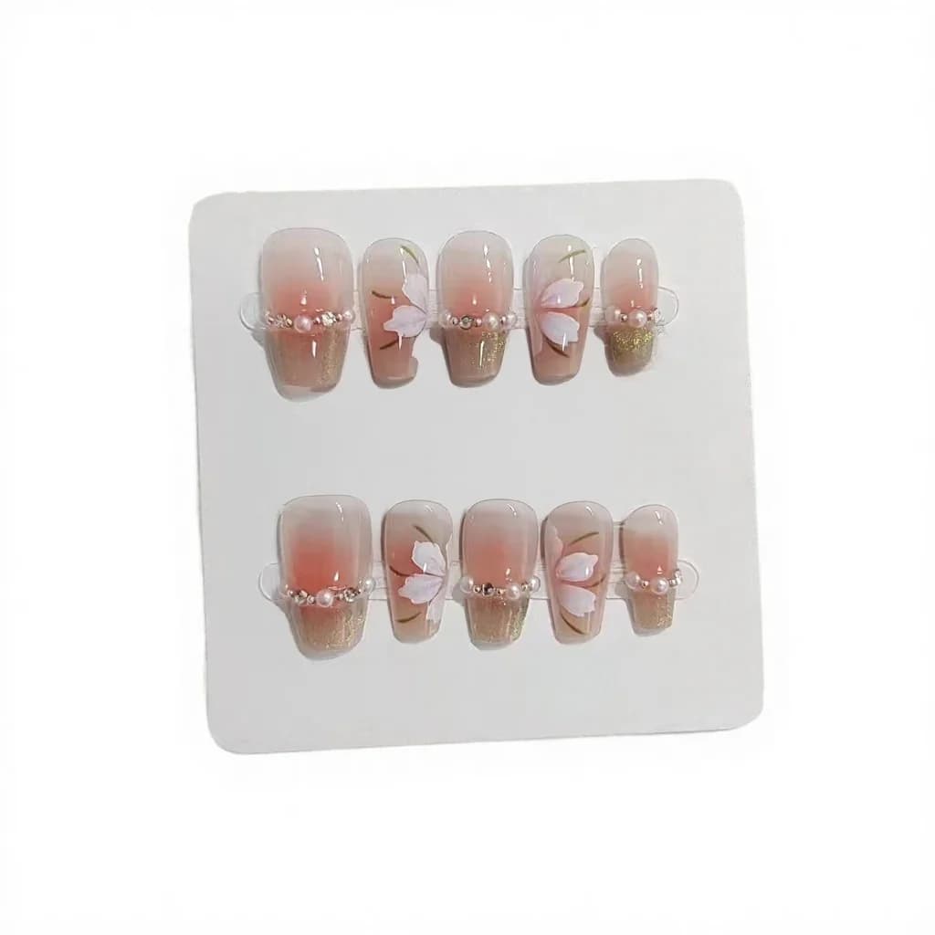 Faux Ongles Carrés Courts French Cat Eye Vert Motif Floral