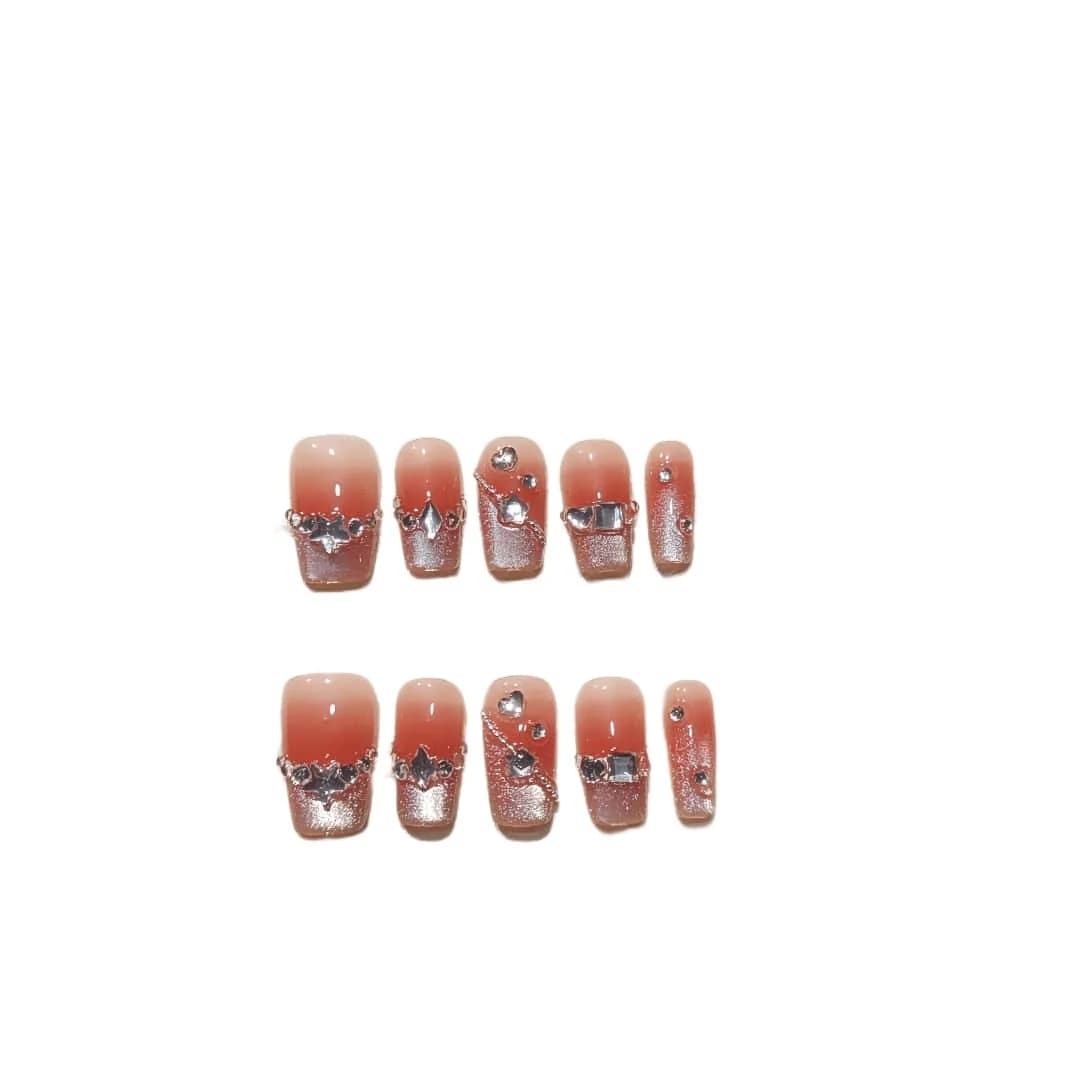 Faux Ongles Carrés Courts French Manucure Blush Œil de Chat avec Strass