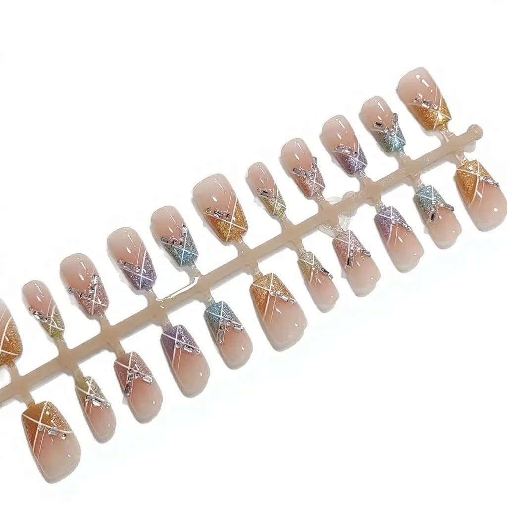 Faux Ongles Candy Party Courts Carrés Arc-en-ciel Œil de Chat Strass