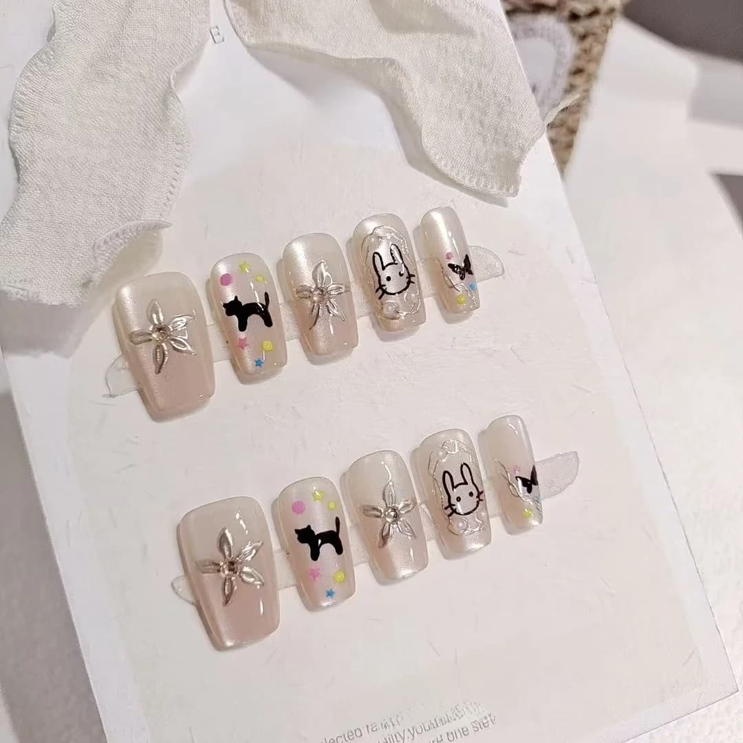 Faux ongles mignons chat noir et lapin, forme cercueil courte