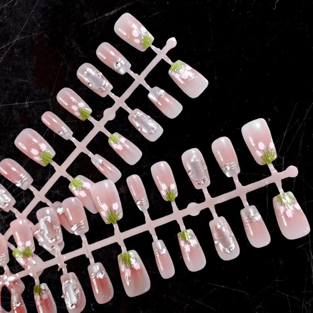Faux Ongles à Presser Motif Tulipes, Design Pailleté Rose, 30 Pièces