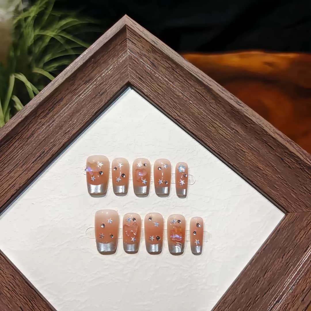 Ongles à presser œil de chat pluie d'étoiles, fausses ongles french pailletées