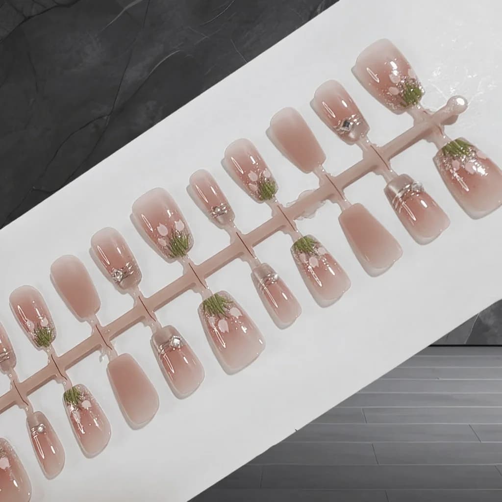 Faux Ongles à Presser Motif Tulipes, Design Pailleté Rose, 30 Pièces