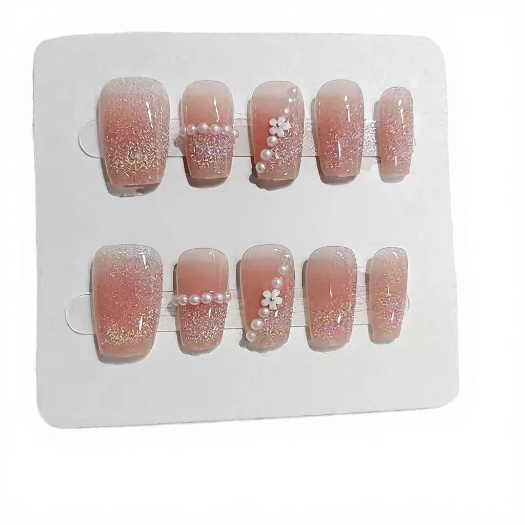 Faux ongles courts trapèze avec cercles arc-en-ciel et perles, lot de 10