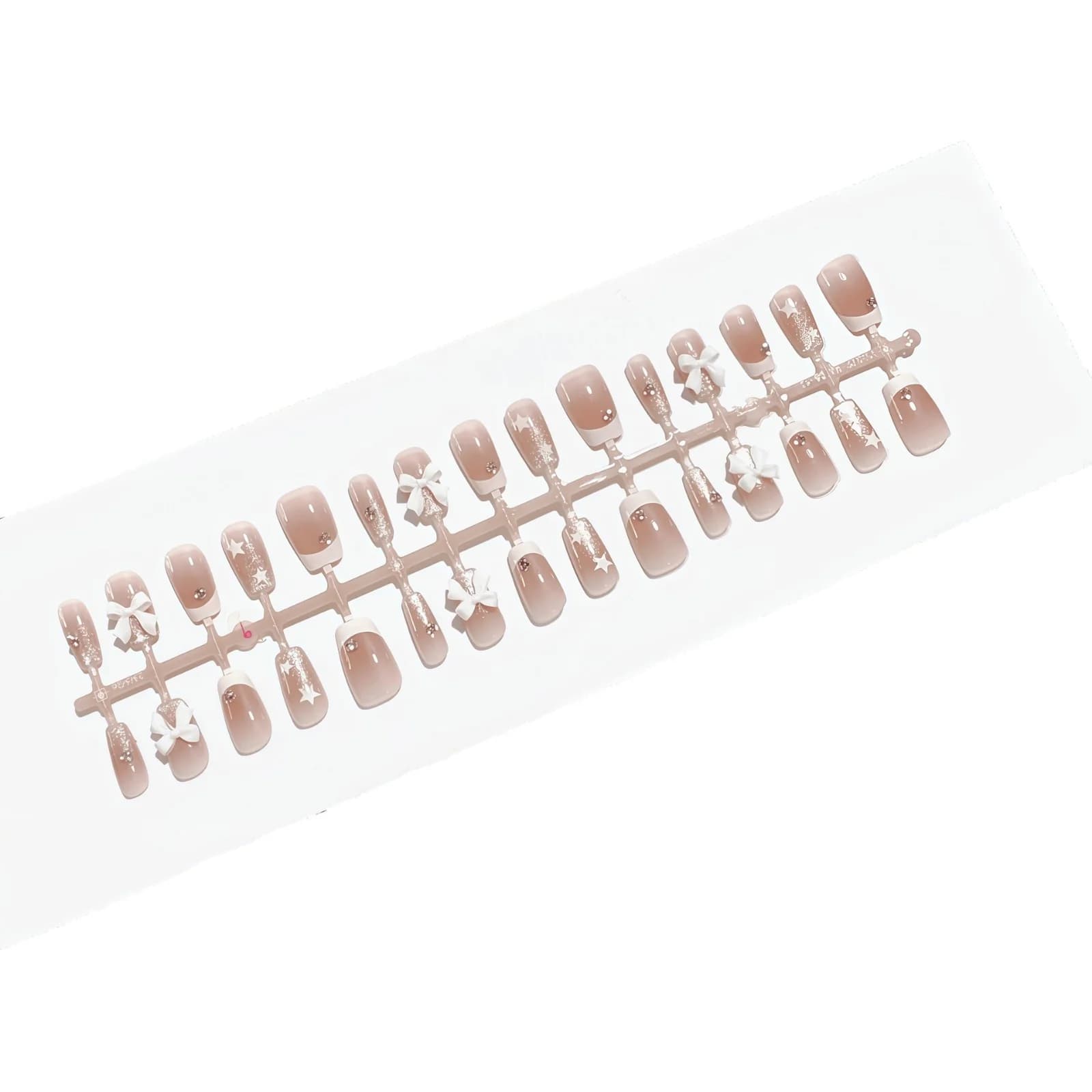 Faux ongles French manucure avec strass et nœud, forme carrée courte