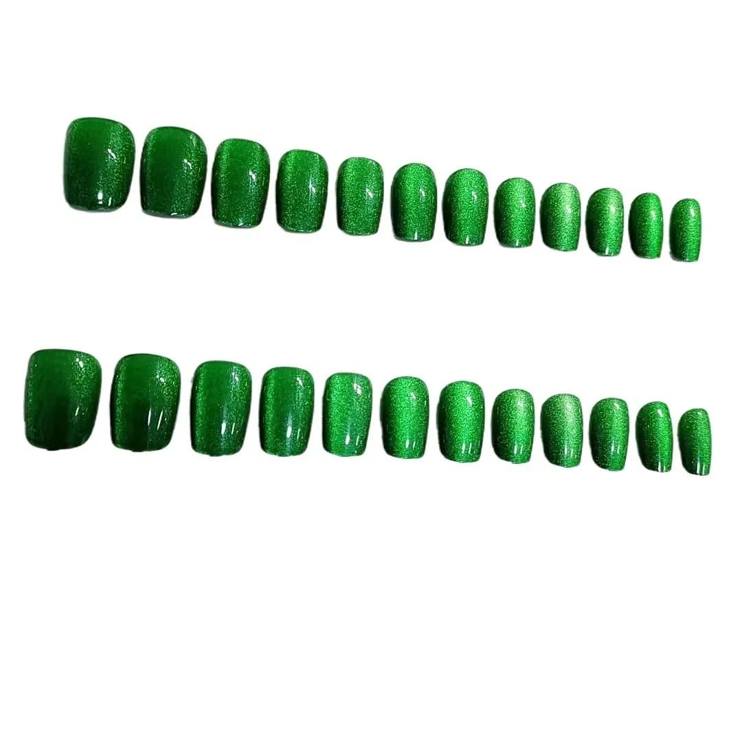 Faux ongles émeraude effet œil de chat, forme cercueil courte, 24 pièces