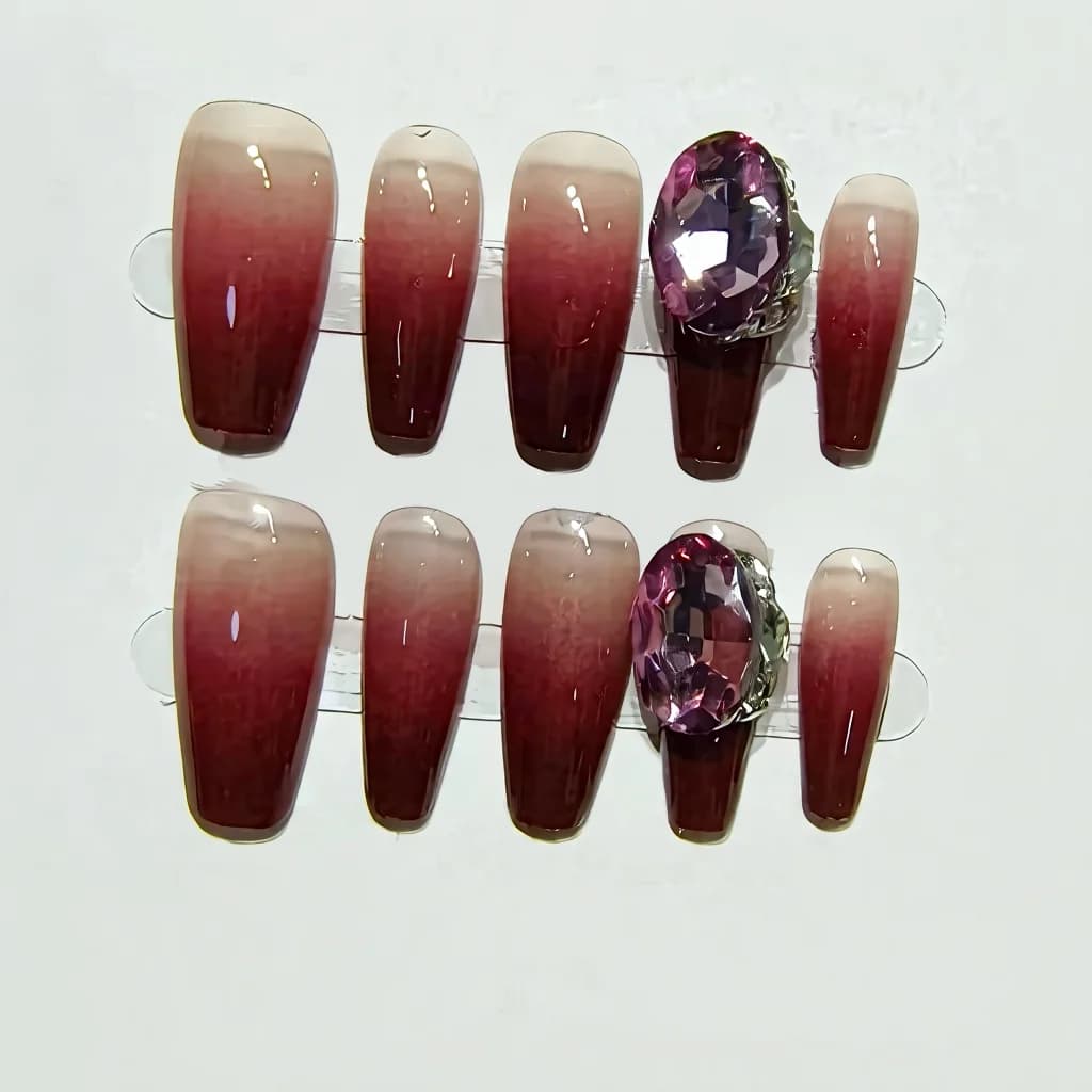 Faux Ongles Dégradé Ombre Rouge Cinabre Forme Cercueil Moyenne