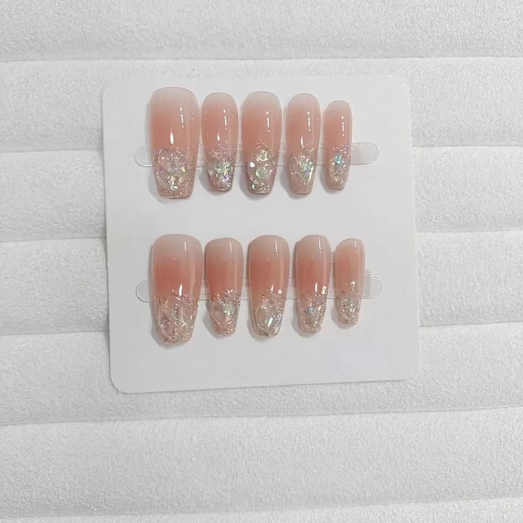 Ensemble faux ongles cercueil court/moyen paillettes strass rose blush