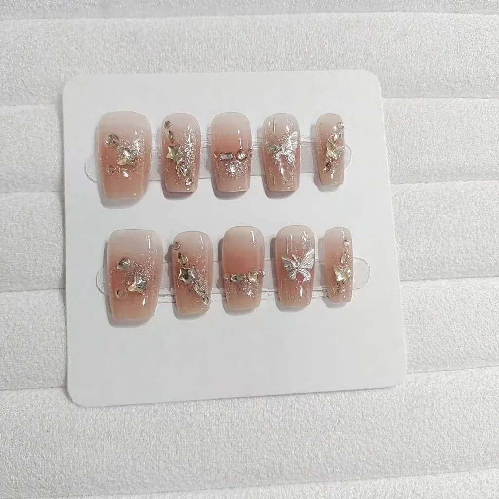 Faux Ongles Papillon et Étoile avec Strass et Finition Pailletée