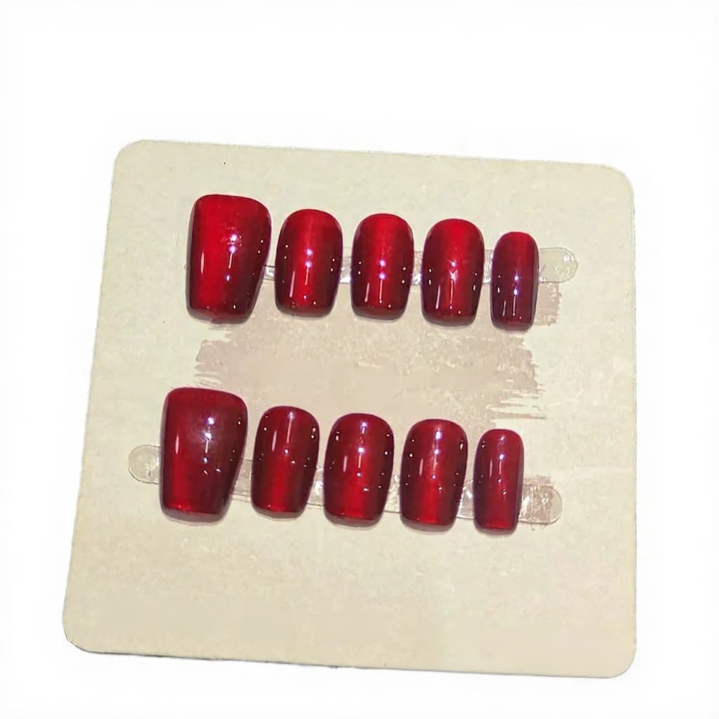 Ensemble manucure faux ongles œil de chat rouges, courts carrés, pailletés
