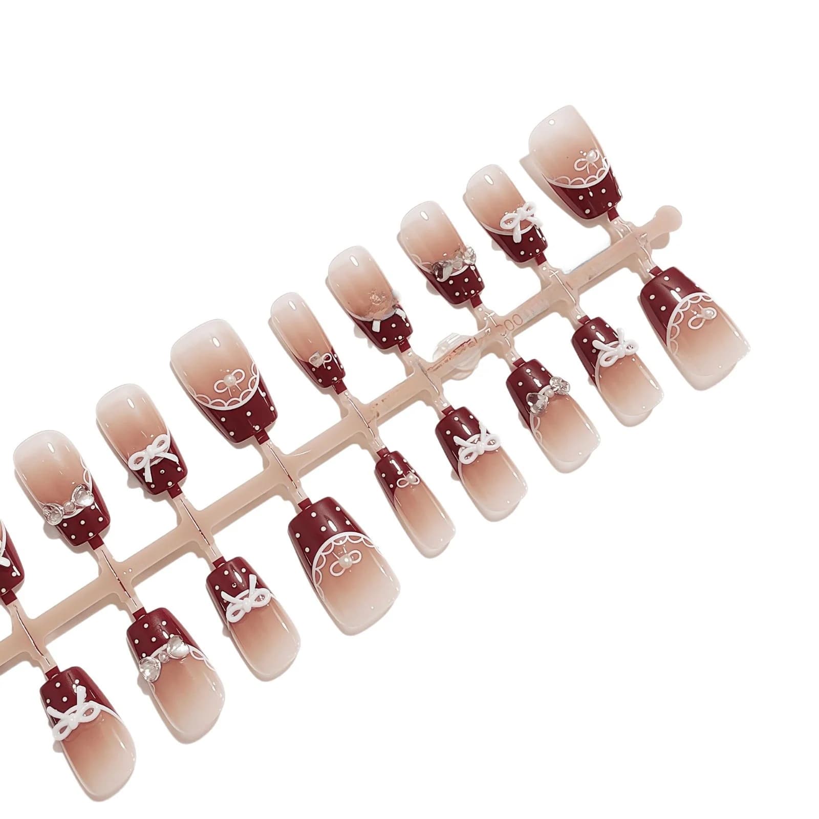 Ongles à presser jupe de ballet avec nœud rouge, pointes courtes à pois