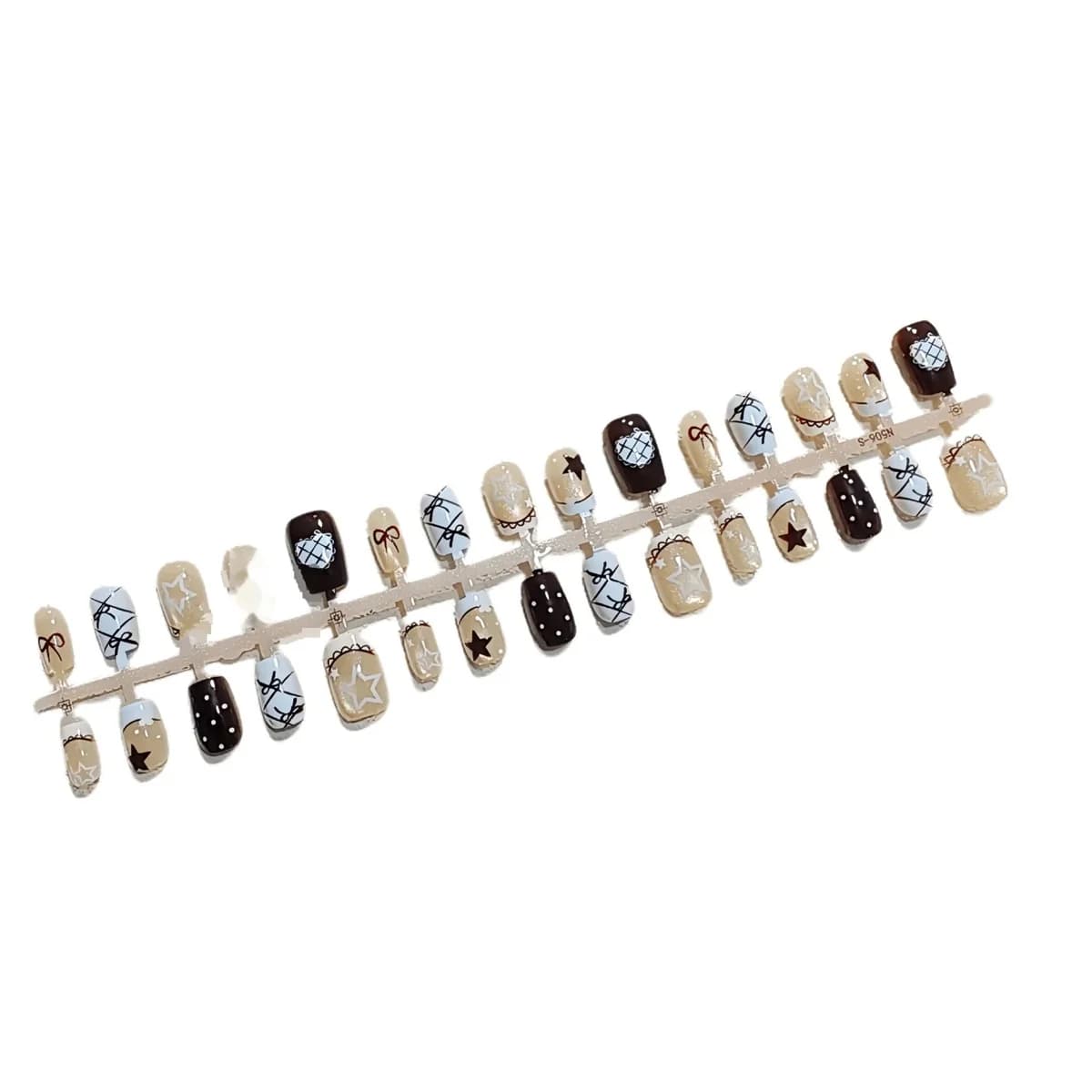 Faux Ongles Press-On Œil de Chat Bleu Brumeux avec Nœud et Étoiles