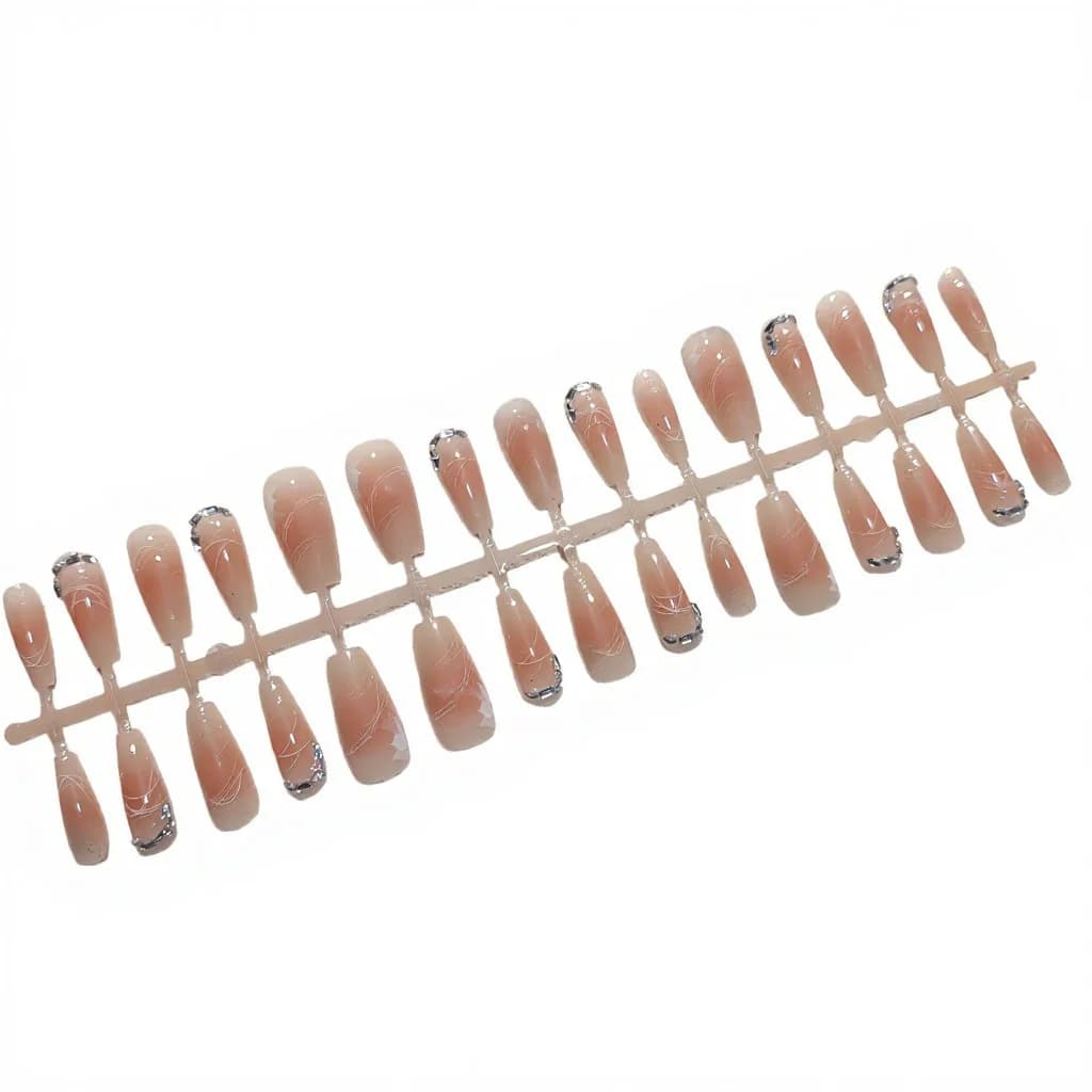 Faux Ongles Longs Floraux avec Strass, Dégradé Rose Poudré