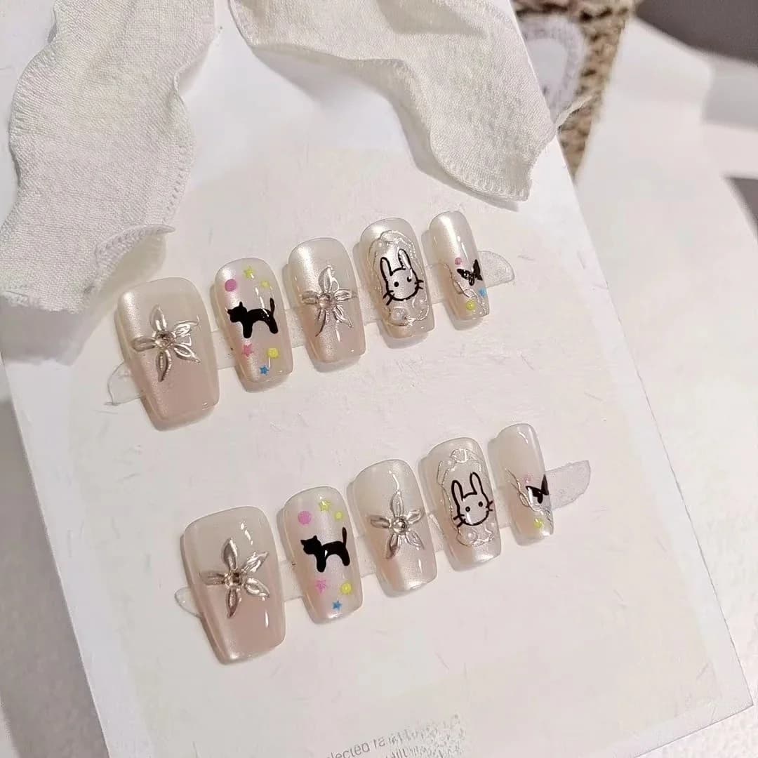 Faux Ongles Chat Noir et Lapin Mignons, Forme Cercueil Courte