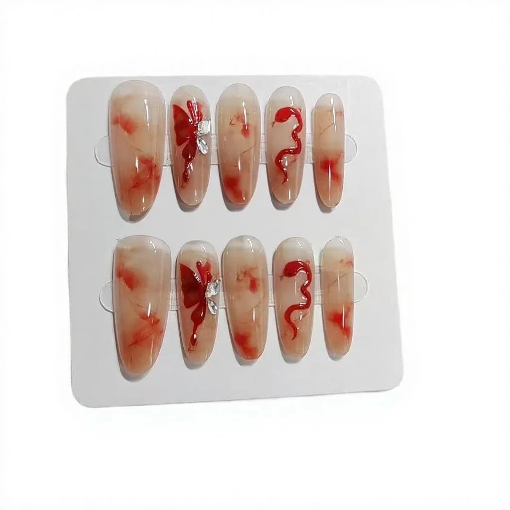 Faux Ongles Faits Main Design Papillon et Serpent Forme Longue Amande