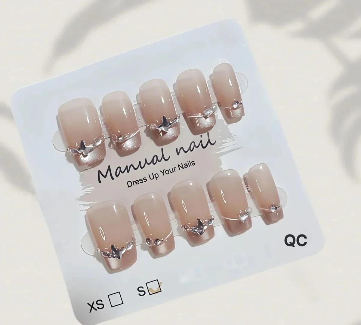 Faux Ongles French Manucure Papillon Strass Effet Œil de Chat