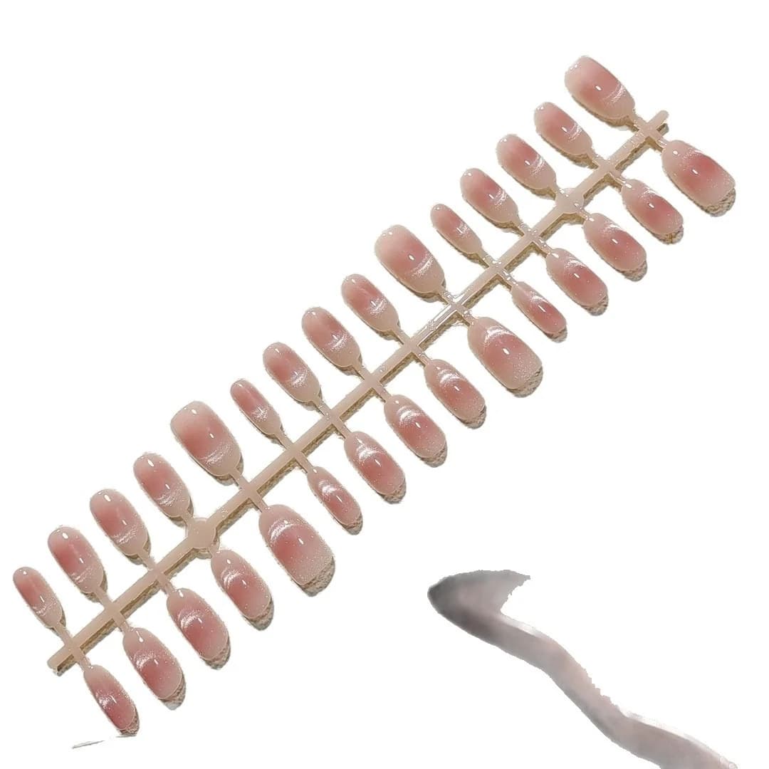 Faux Ongles Ovales Courts Rose Pêche Œil de Chat Perle de Verre