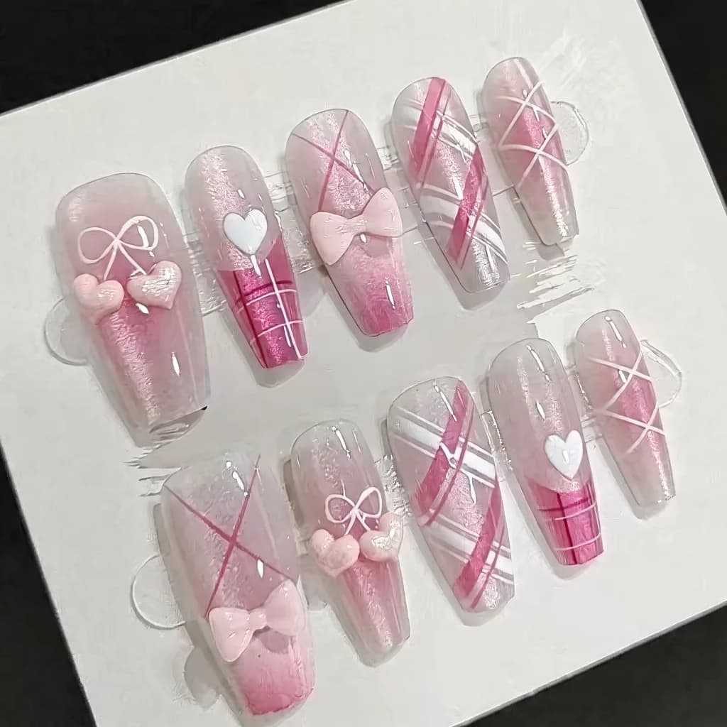 Faux Ongles Rose Doux avec Nœuds et Cœurs, 30 Pièces