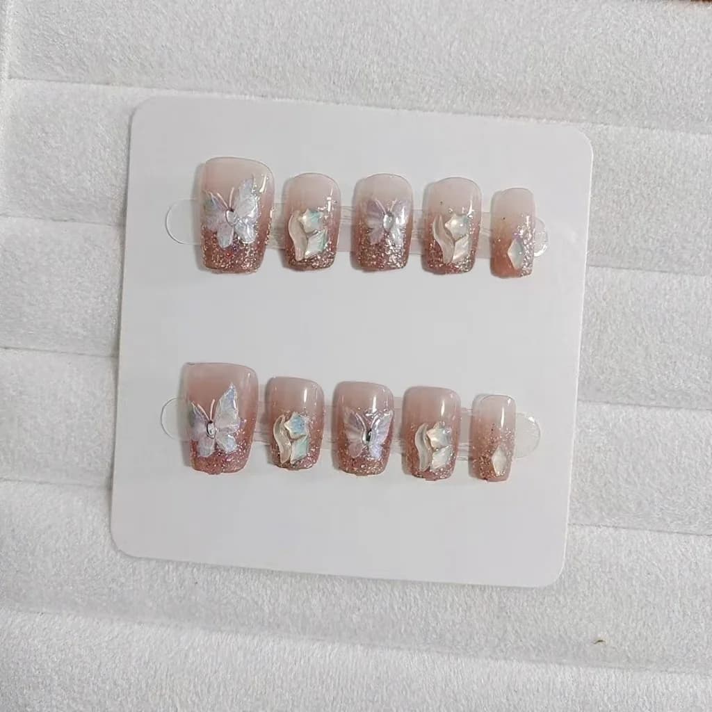 Faux Ongles Papillon Strass Forme Coffin Court 10 Pcs