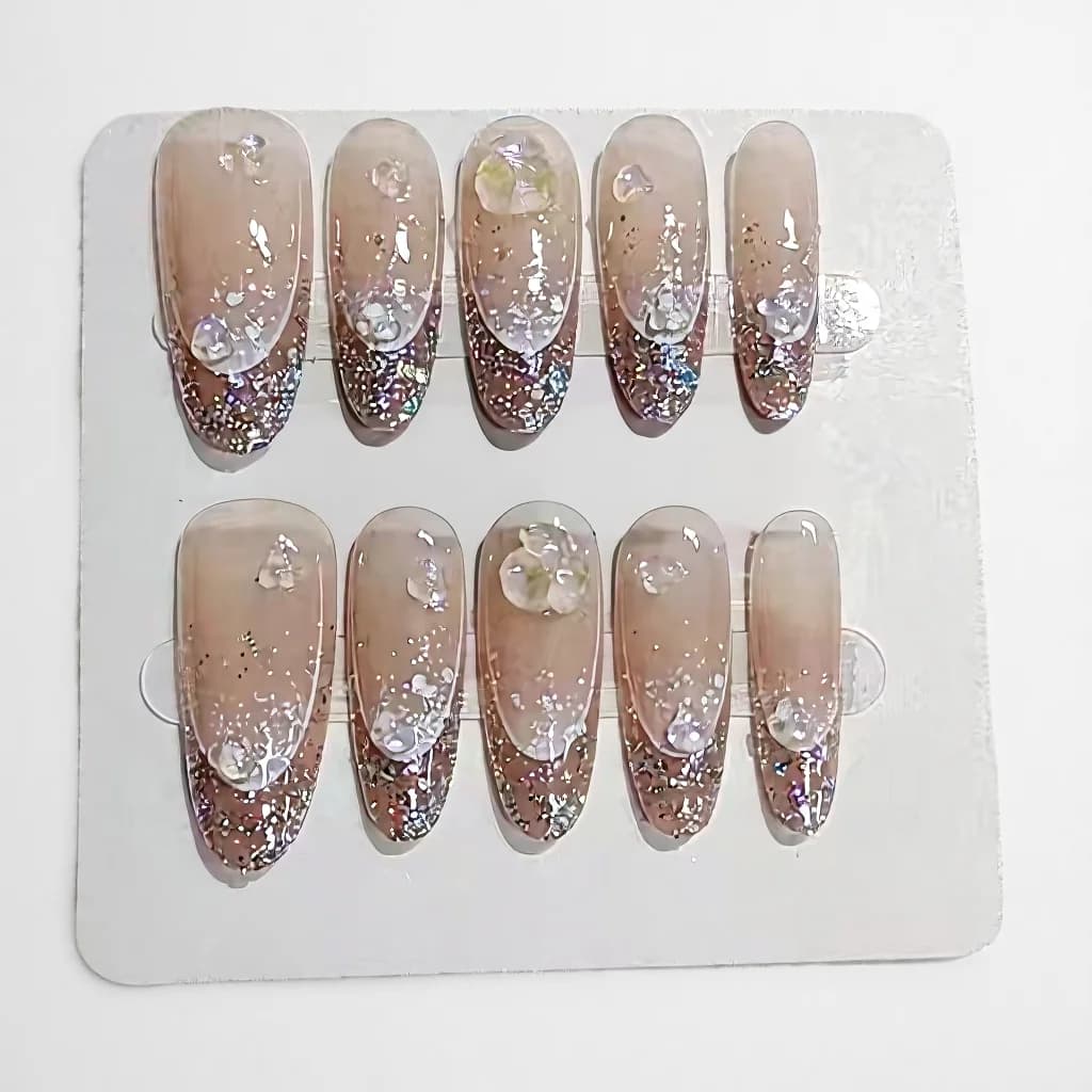 Faux ongles ovales longs réutilisables halo pailleté