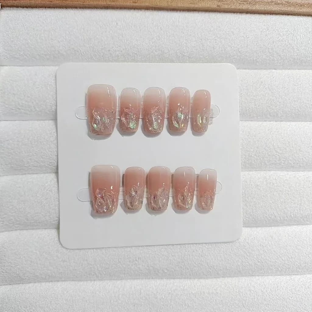 Ensemble faux ongles cercueil court/moyen paillettes strass rose blush