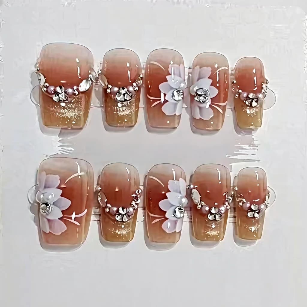 Faux ongles œil de chat floraux avec motif étoiles