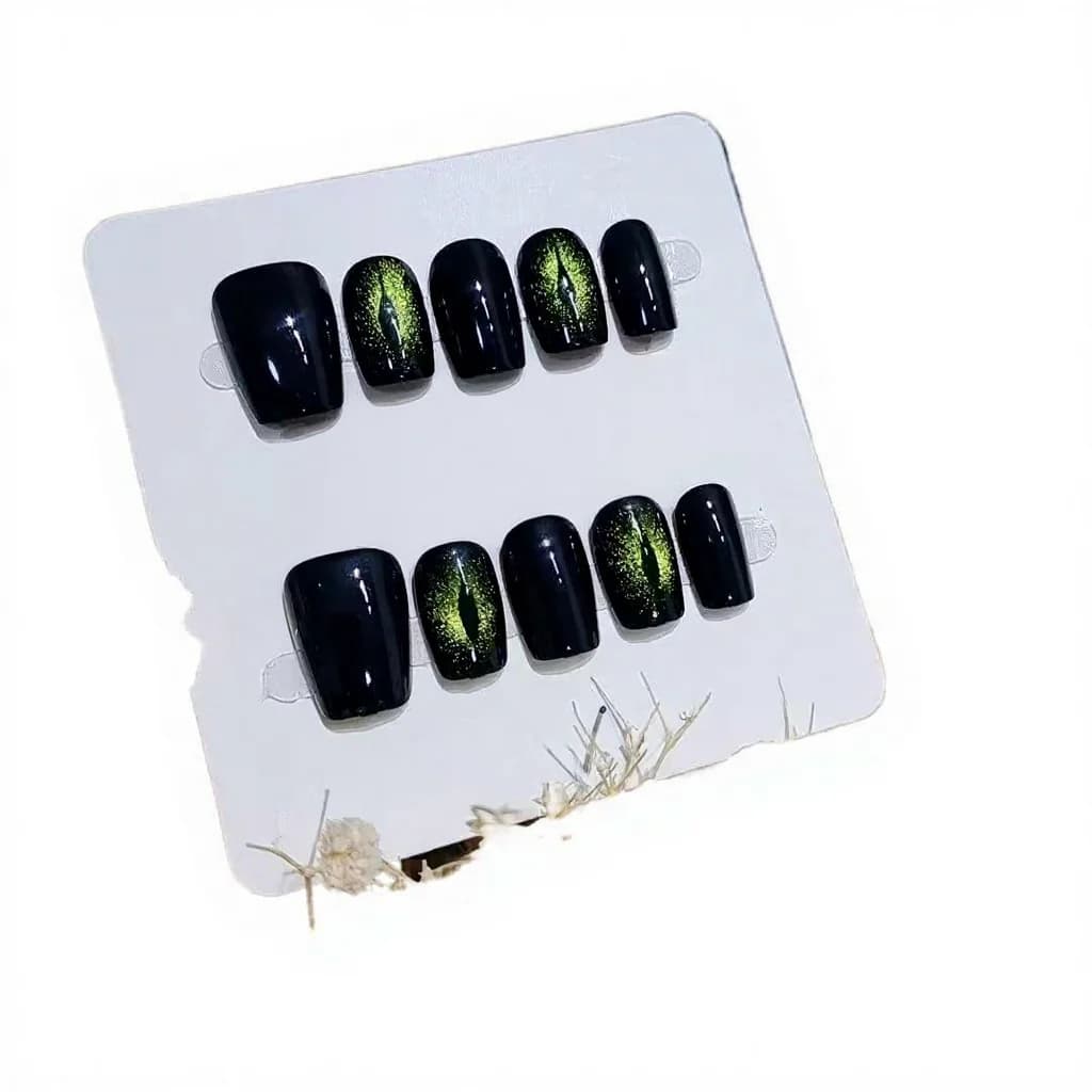 Faux Ongles Gothiques Noirs Courts Forme Cercueil Motif Papillon 10 Pièces