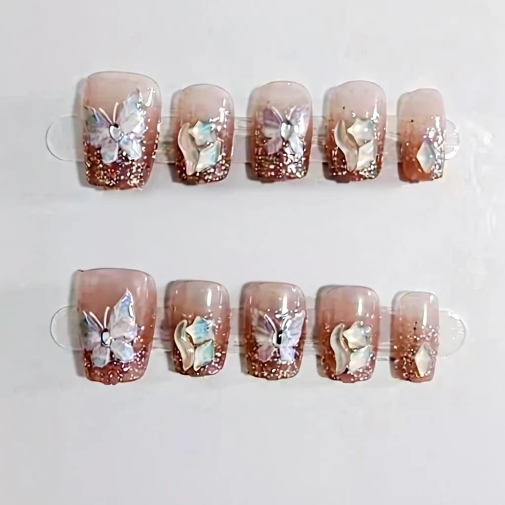 Faux Ongles Papillon Strass Forme Coffin Court 10 Pcs