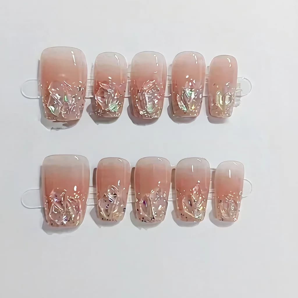 Ensemble faux ongles cercueil court/moyen paillettes strass rose blush