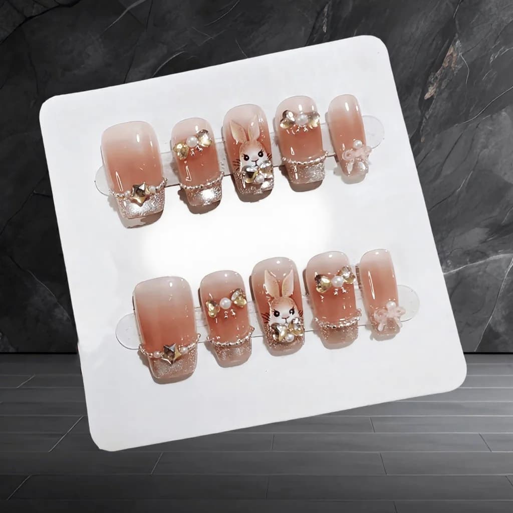 Faux ongles effet œil de chat, paillettes, motif lapin gemme, forme cercueil courte