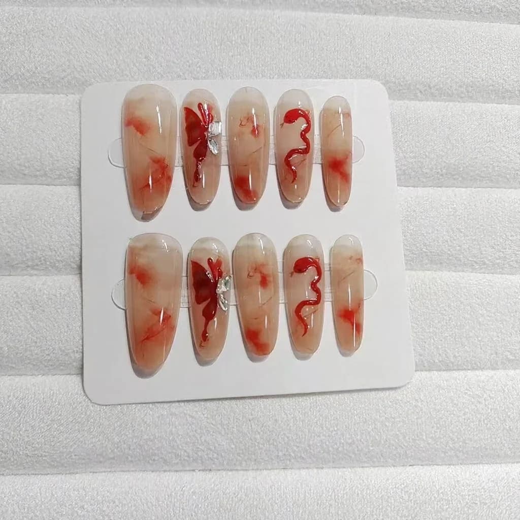 Faux Ongles Faits Main Design Papillon et Serpent Forme Longue Amande