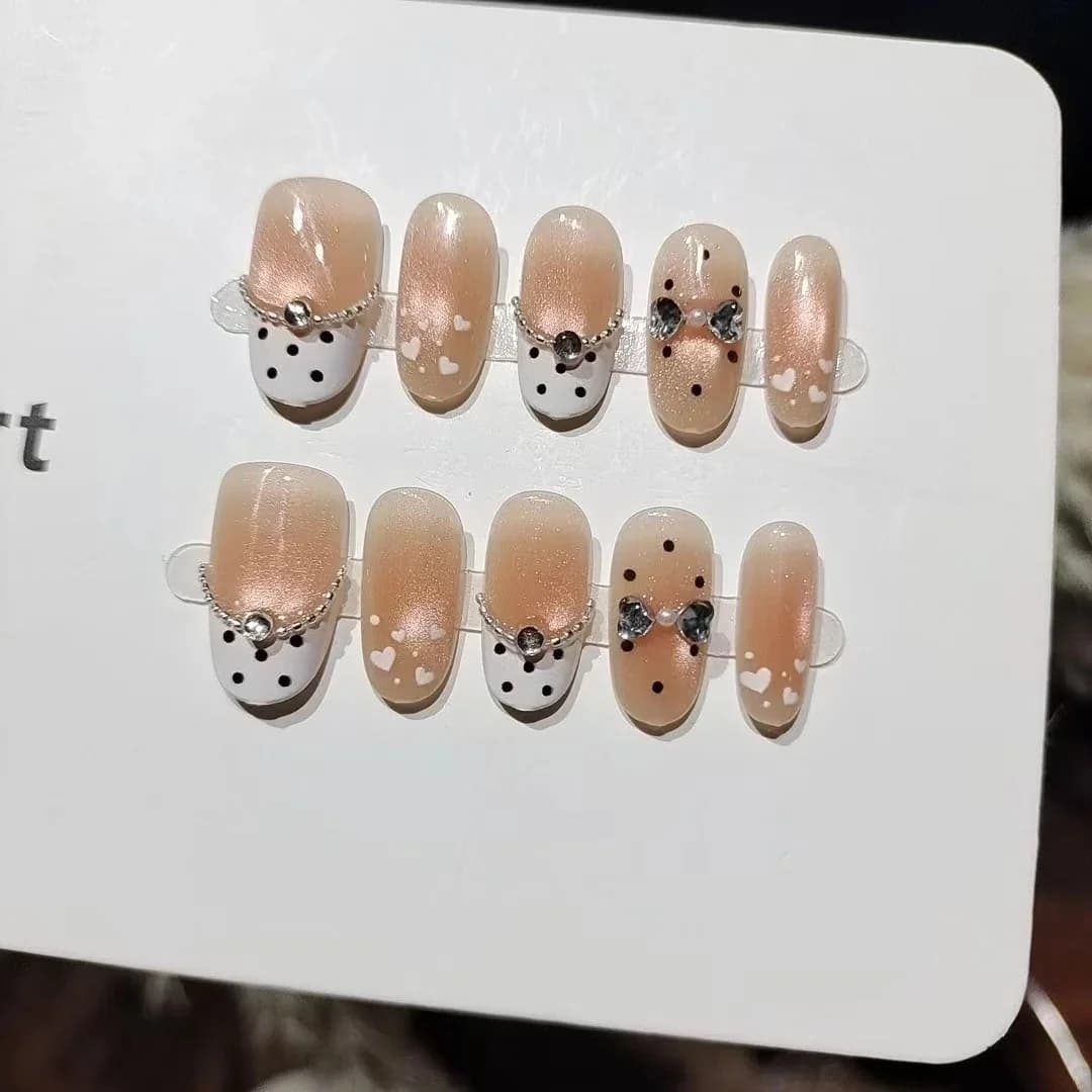 Faux Ongles Courts Ovale Paillettes Œil de Chat, Motif Pois et Perles