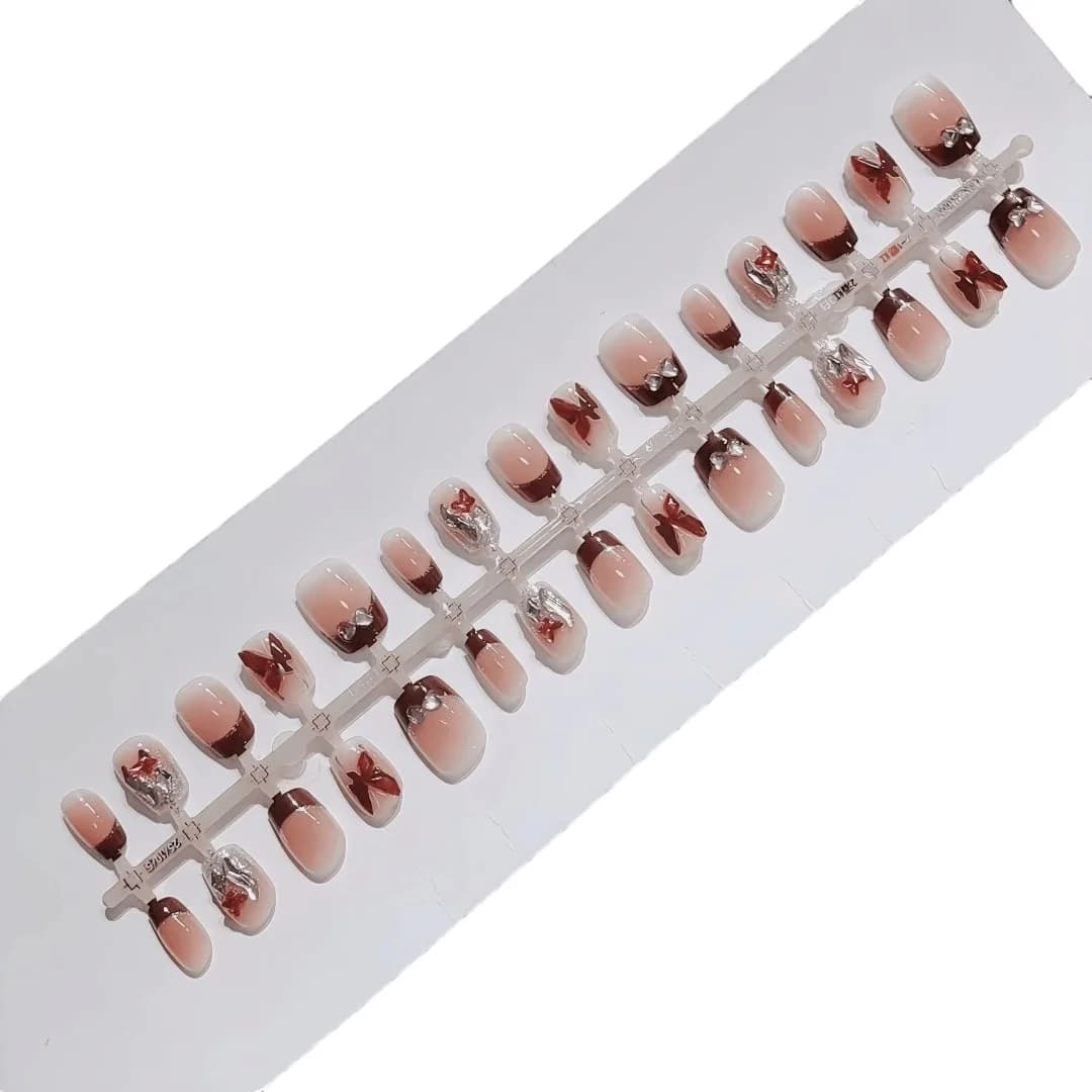 Faux Ongles French Tip Rouge avec Papillons et Paillettes