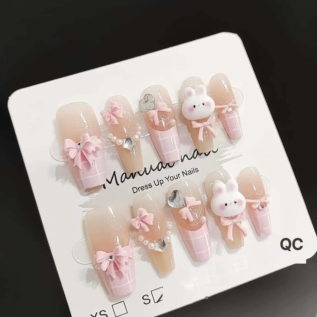 Faux Ongles Lapin Rose Mignon 30 Pièces Forme Cercueil Moyenne