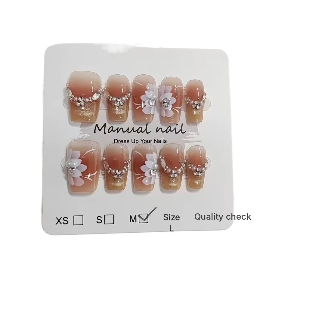 Faux ongles courts en cercueil, effet œil de chat floral avec strass