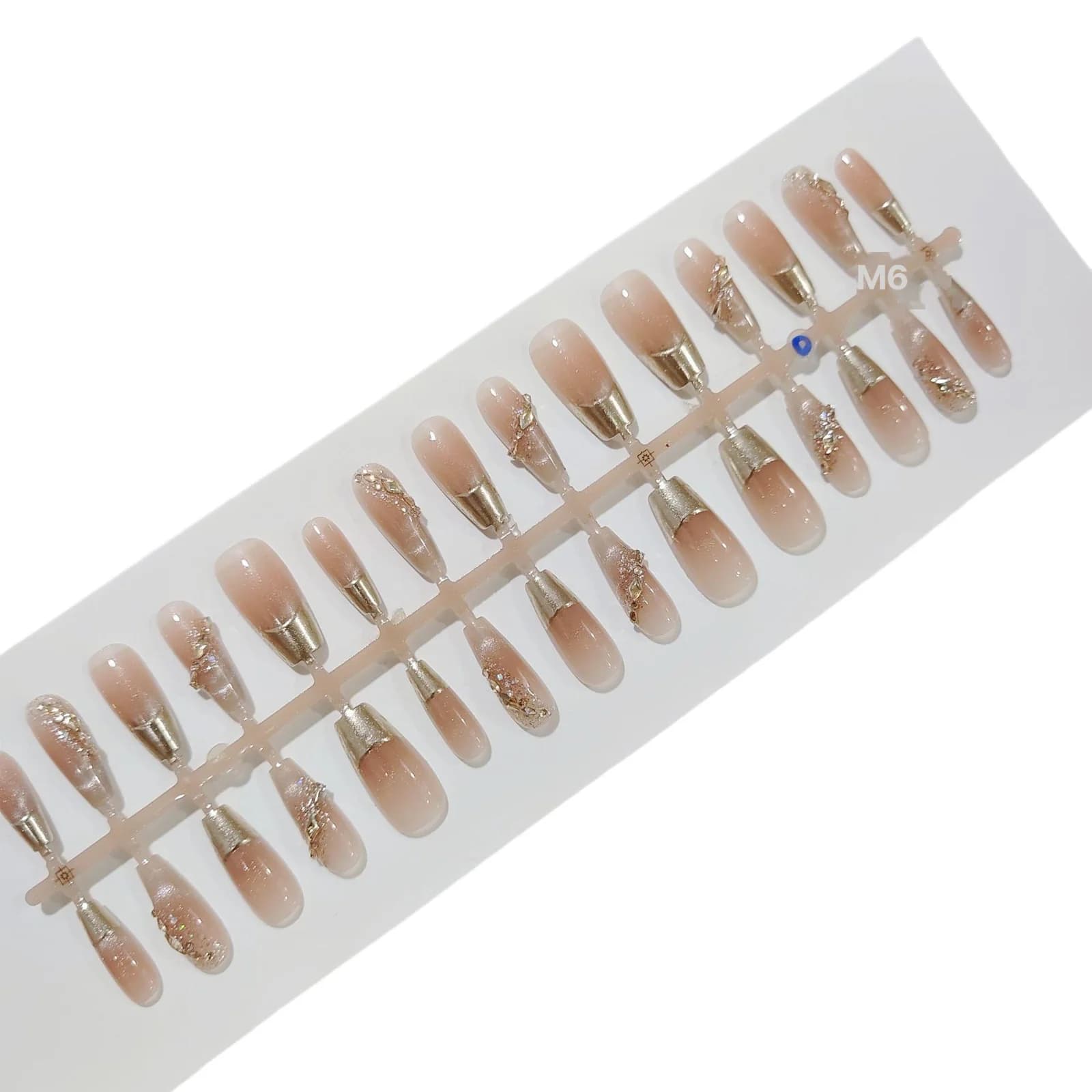 Faux ongles French manucure avec contour doré et paillettes, 30 pièces