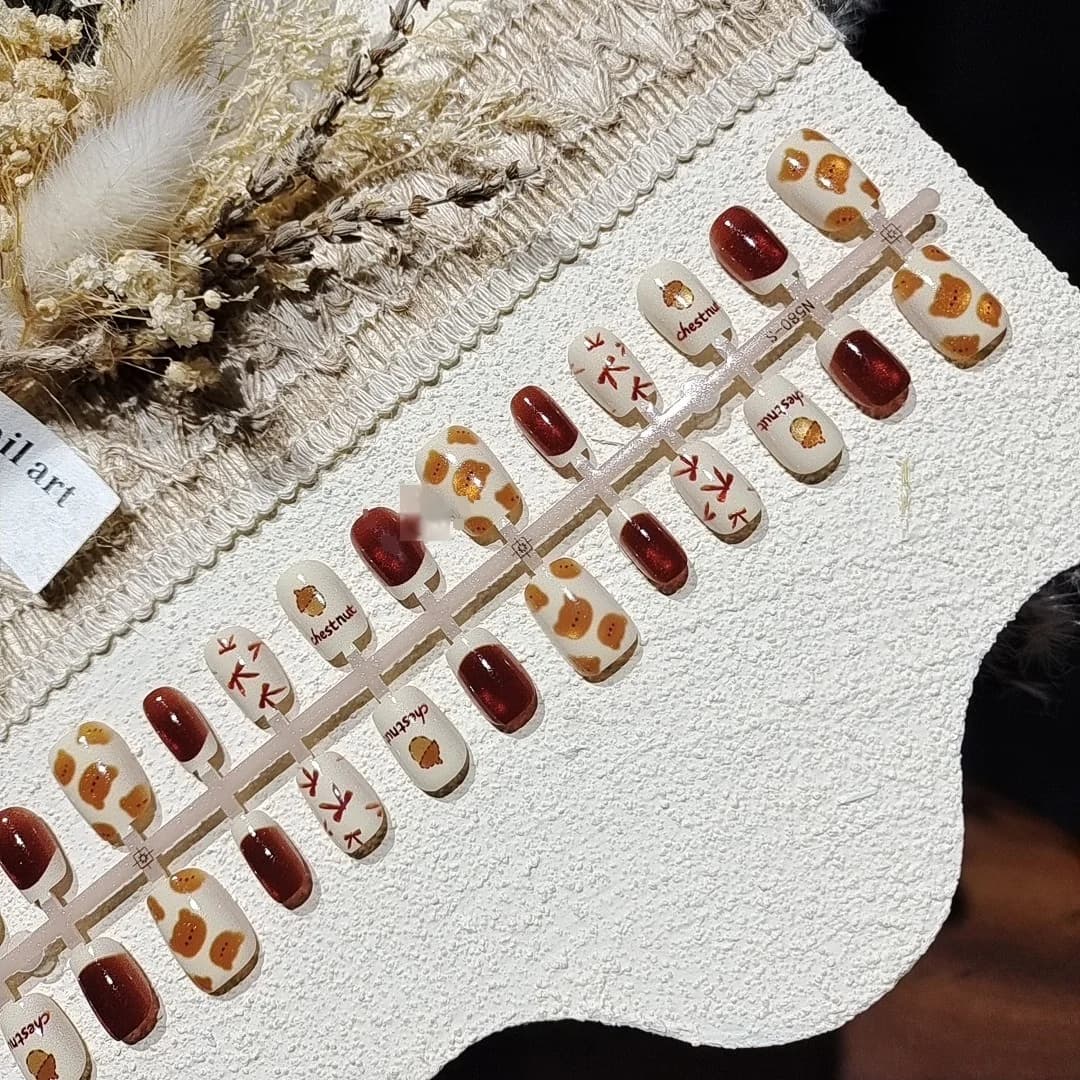 Faux ongles œil de chat ours châtaigne forme ballerine courte paillettes