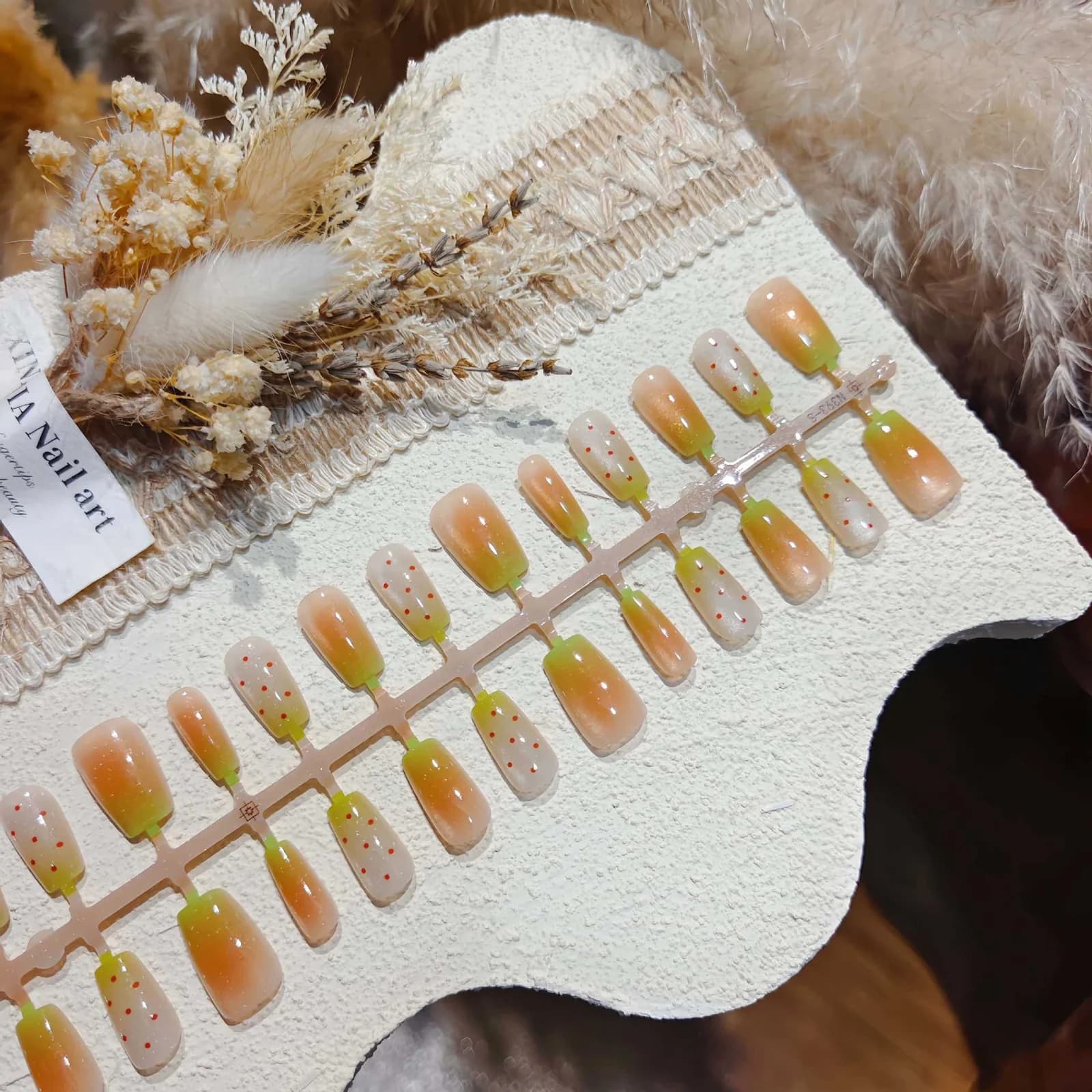 Faux ongles dégradé pêche et vert avec french manucure, 30 pièces