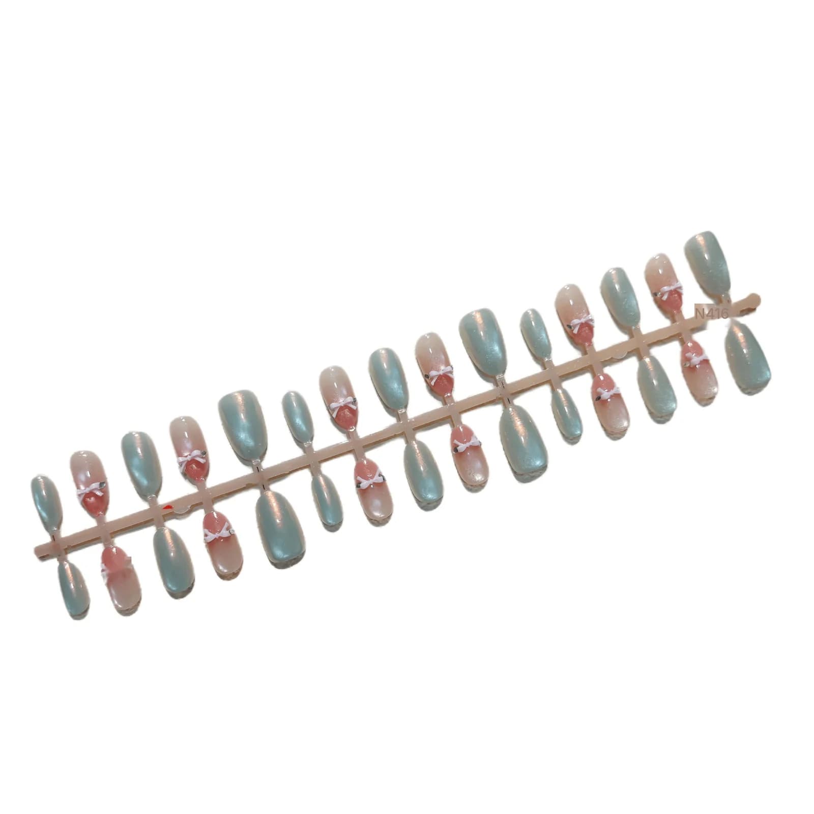Faux Ongles Œil de Chat Roses avec Nœud et Perles de Verre