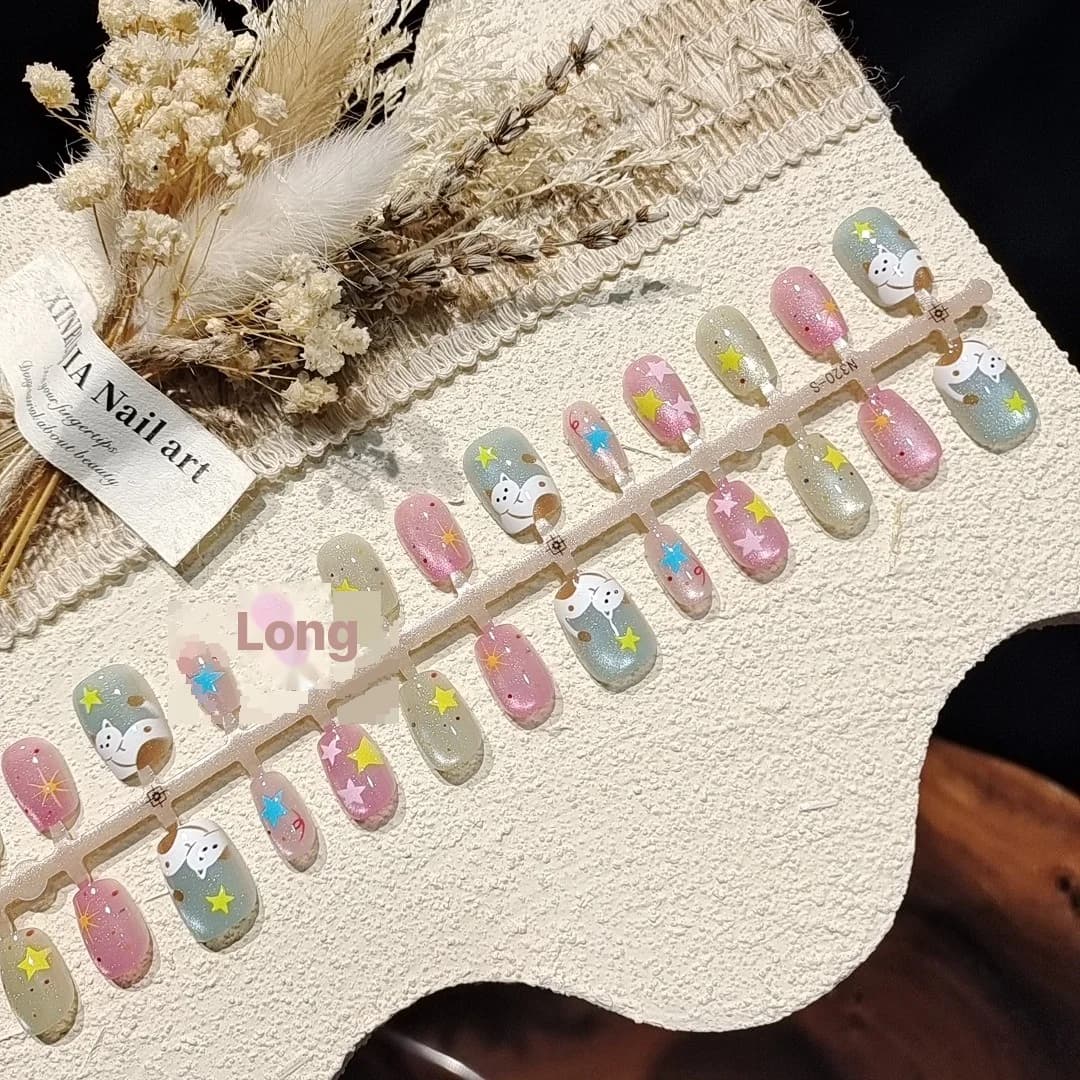 Faux Ongles Courts Ballerine Œil de Chat Design Étoilé, 30 Pièces