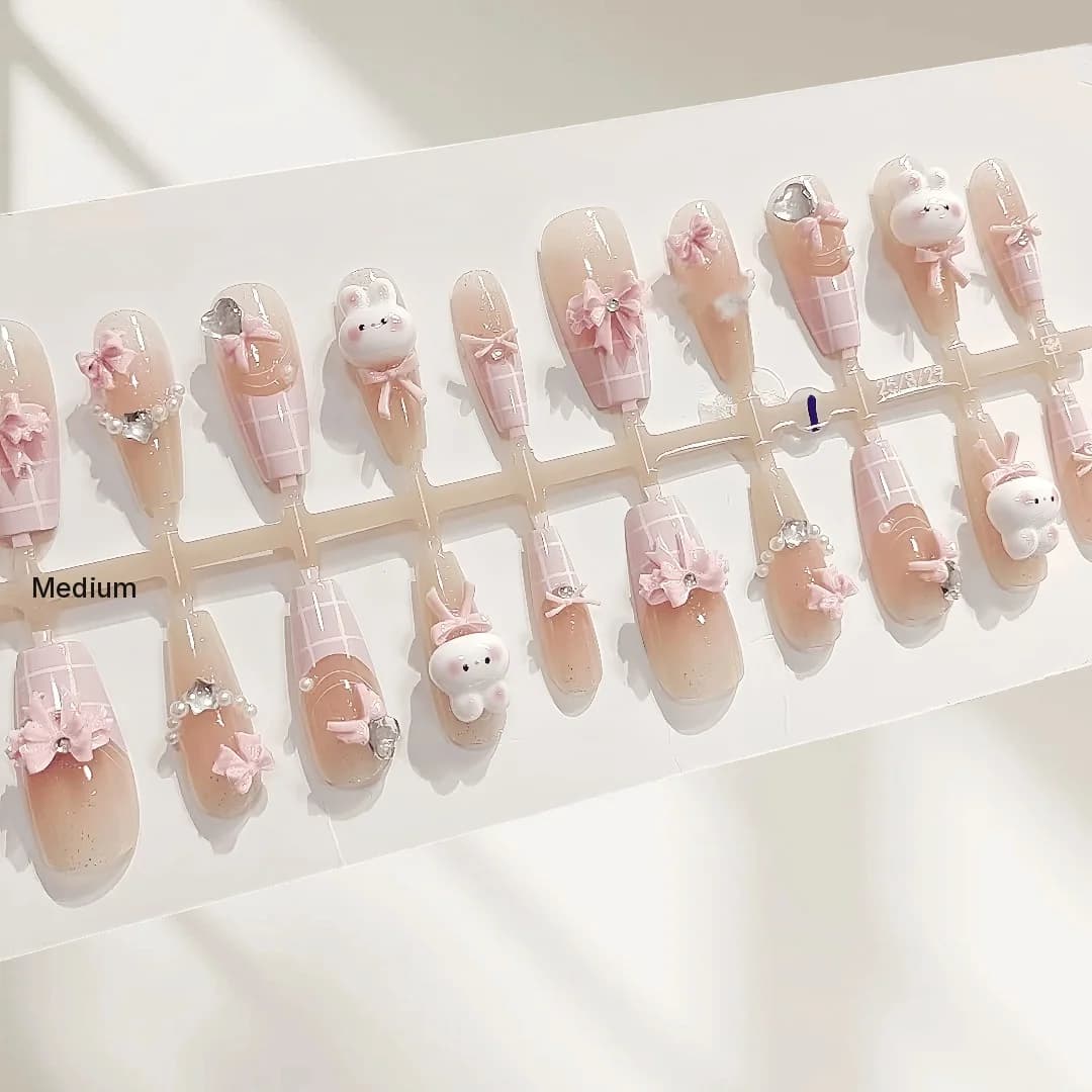 Faux ongles lapin rose mignon, 30 pièces, forme cercueil moyenne