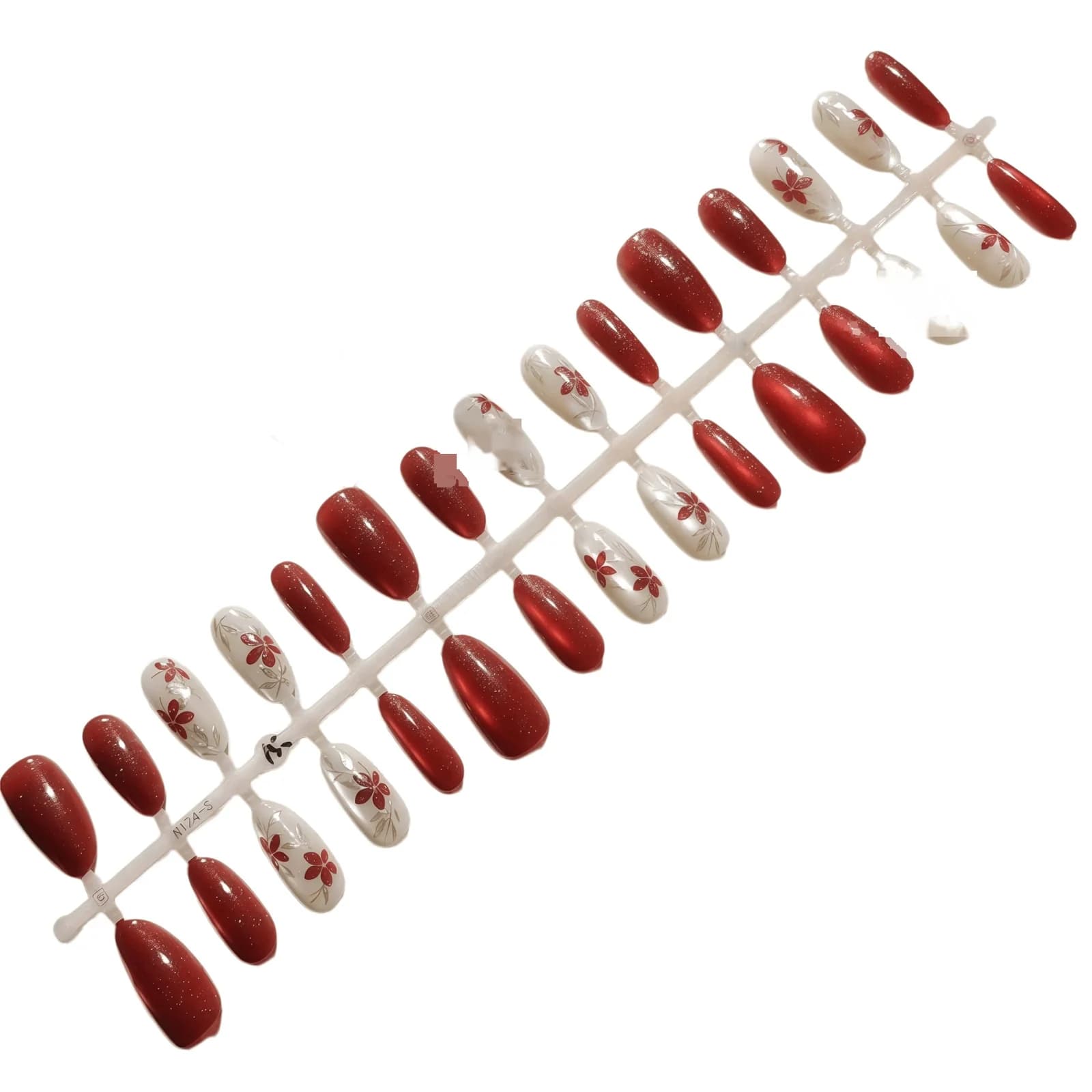Faux ongles ovales moyens, dégradé prune rouge pailleté effet œil de chat