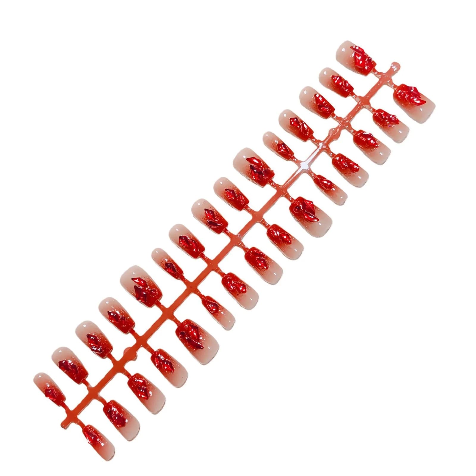 Faux Ongles à Presser Dégradé Rouge Pailleté Forme Cercueil Courte