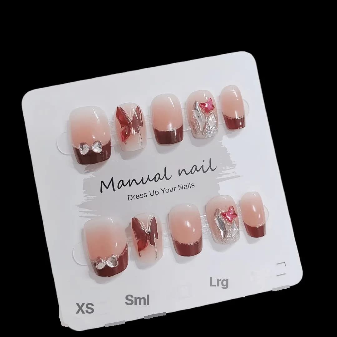 Faux Ongles French Tip Rouge avec Papillons et Paillettes