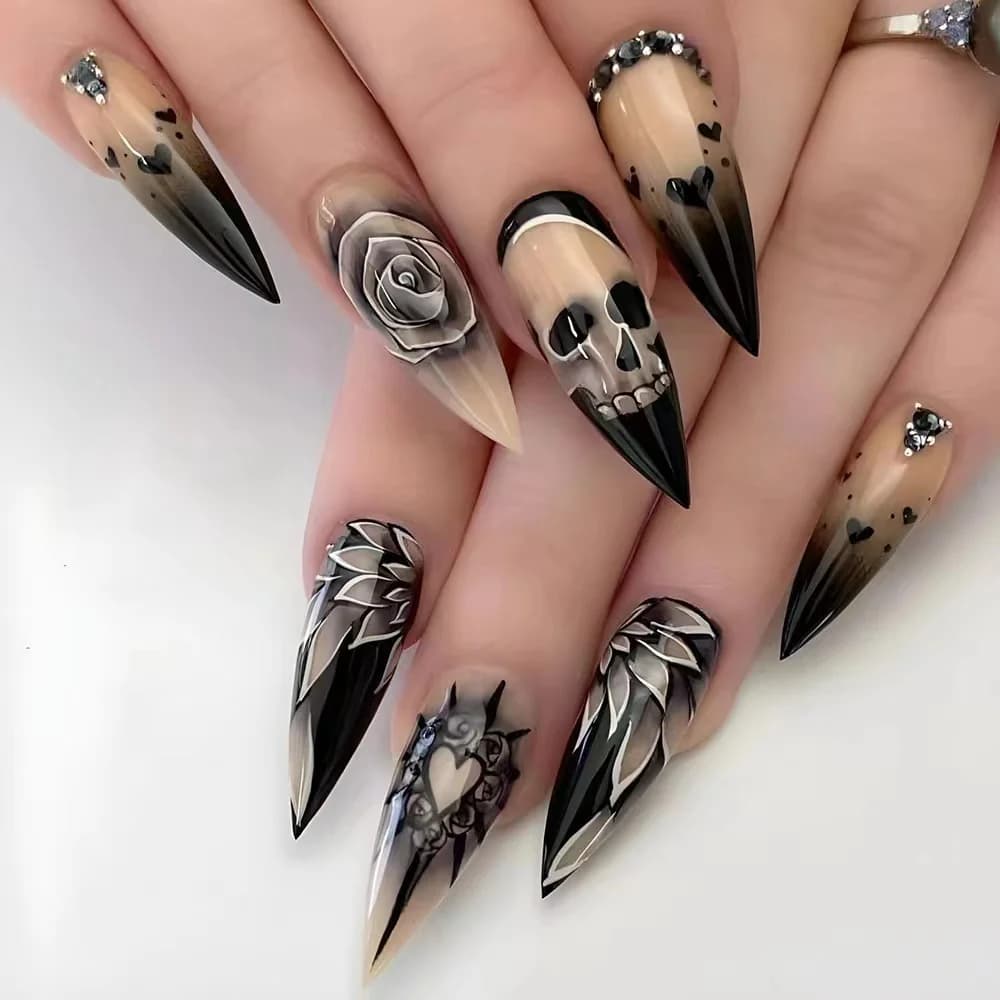 Faux Ongles Halloween Crâne Long Pointu Style Gothique