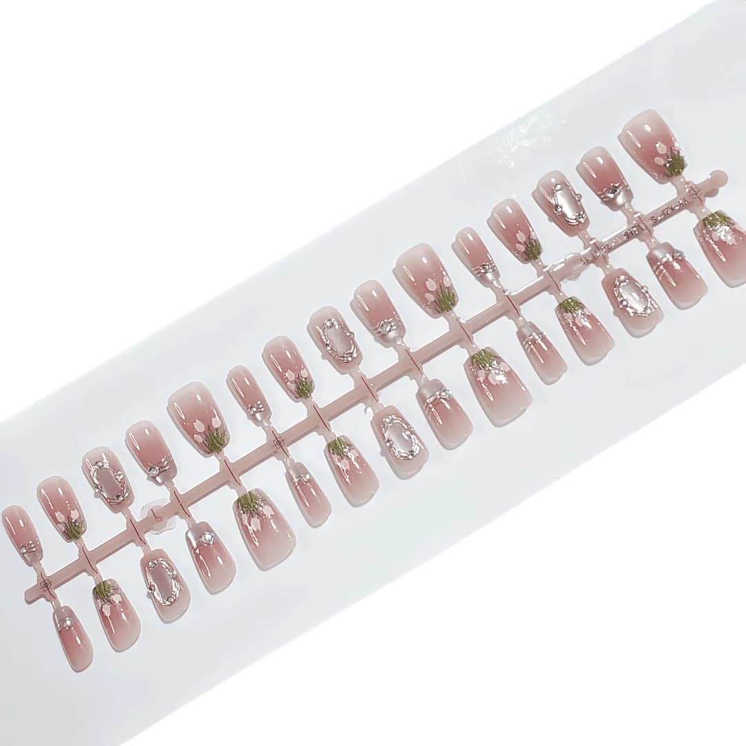 Faux Ongles à Presser Motif Tulipes, Design Pailleté Rose, 30 Pièces