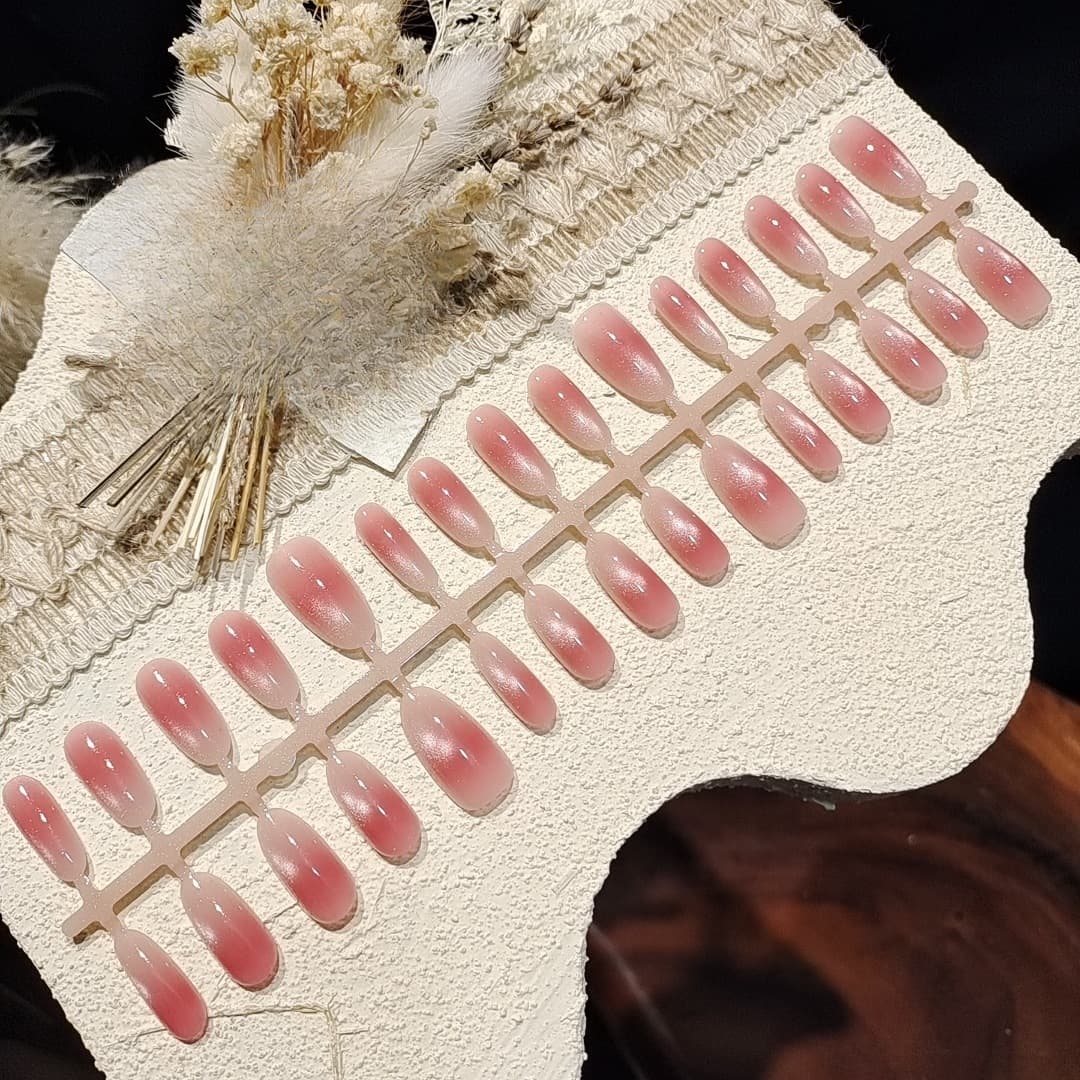 Faux Ongles Œil de Chat Rose Pêche, Courts/Moyens, Ovales, Dégradés