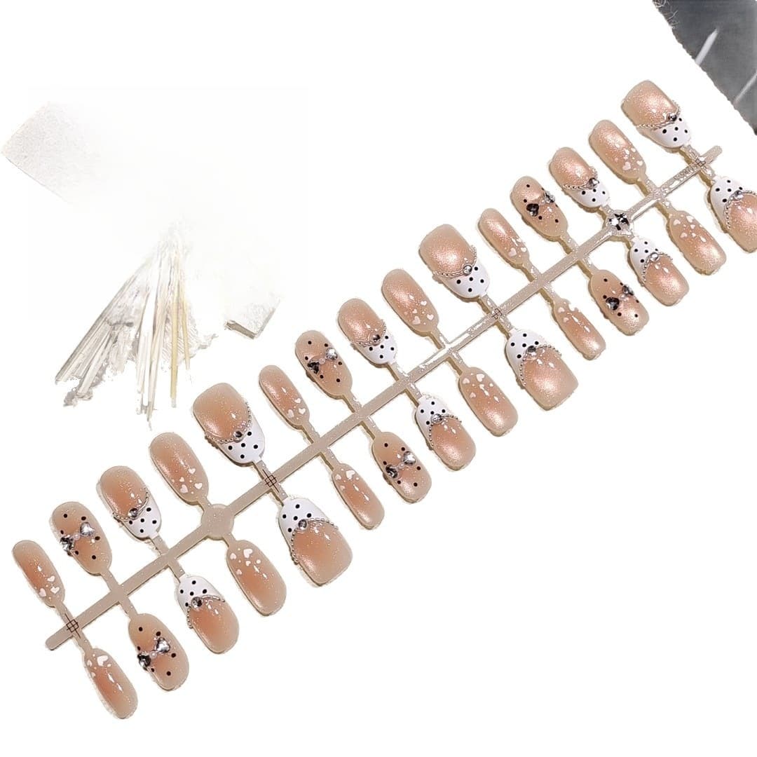 Faux Ongles Courts Ovale Paillettes Œil de Chat, Motif Pois et Perles